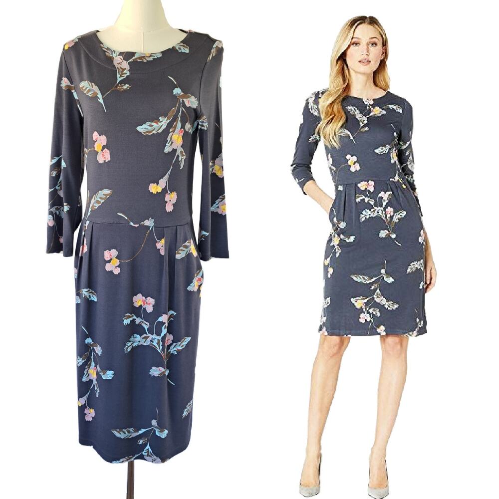 JOULES Beth34 Gray Floral Jersey Dress Size 8 US 3/4 Sleeve Knee-length Pockets